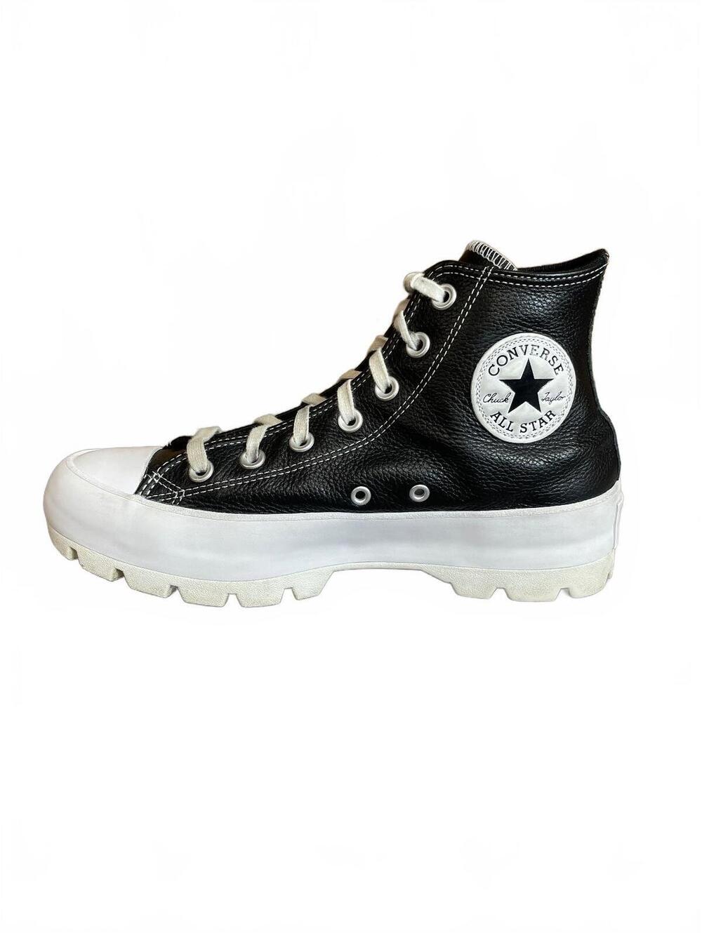 Converse black leather high tops with white lug soles 8
